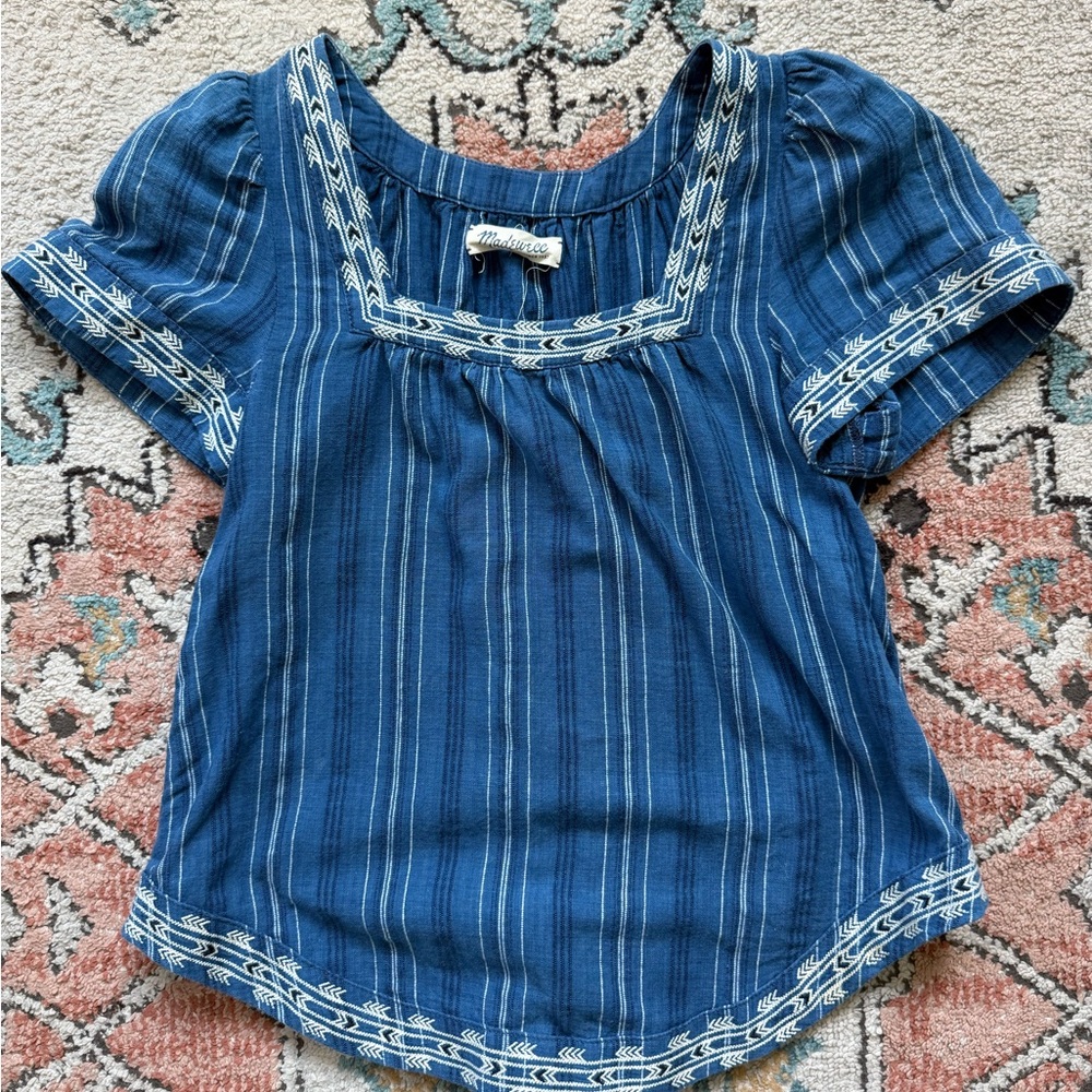 Madewell Blue and White Embroidered Top